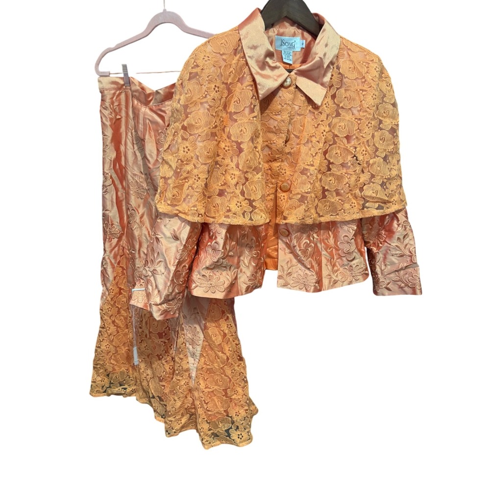Lace Skirt Set Orange Floral Embroidered Jacket Party Occasion